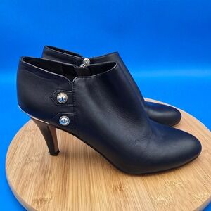Vince Camuto Black Leather Ankle Booties Gold Accent Side Zip Heel Buttons 9M/40